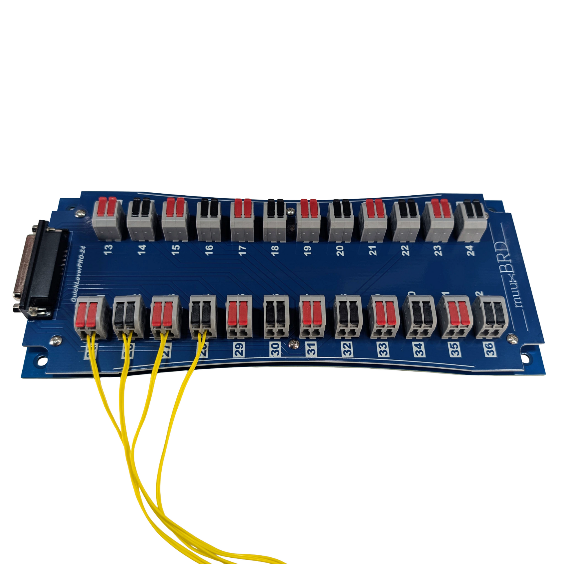 Side view of a QuickLeverPRO-24 slat for use with the Mongoose firing system with several traditional electric matches connected.  