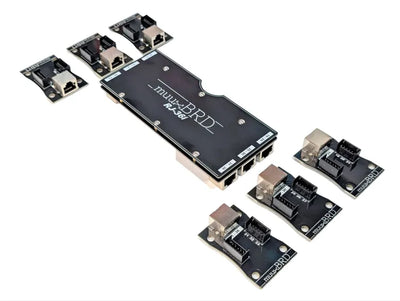 RJ-36i RJ45 breakout board surrounded by six 6-cue slats