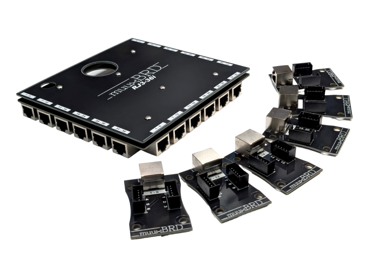 RJ3-36i RJ45 breakout board along side six 6-cue slats