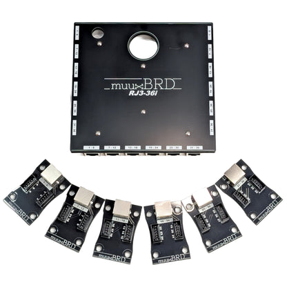 RJ3-36i RJ45 breakout board along side six 6-cue slats