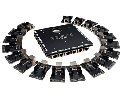 RJ3-36i RJ45 breakout board surrounded by eighteen 6-cue slats
