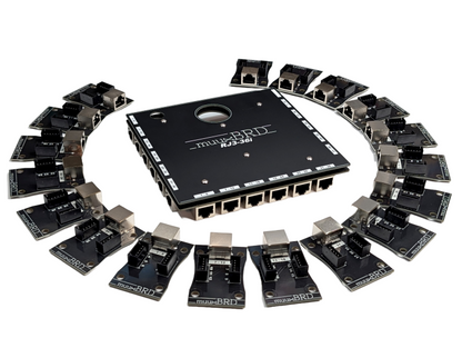 RJ3-36i RJ45 breakout board surrounded by eighteen 6-cue slats