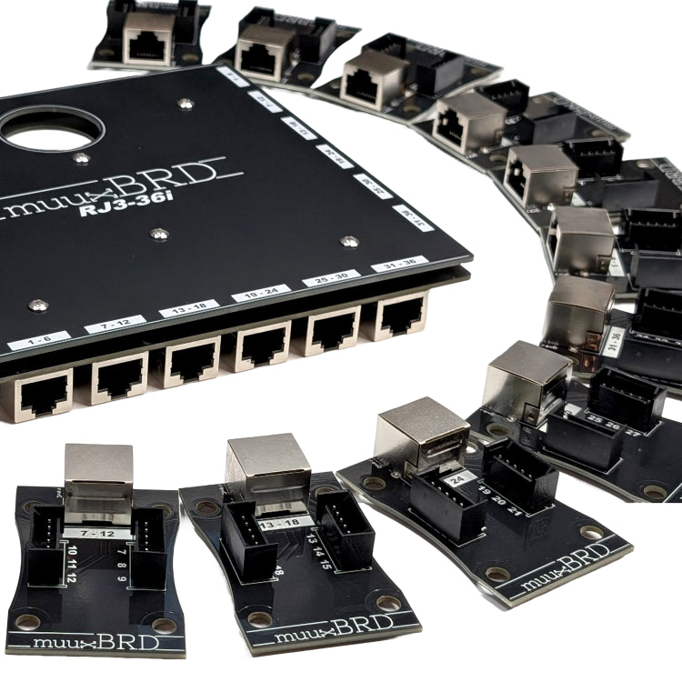 Close up view of the RJ3-36i RJ45 breakout board along side eighteen 6-cue slats