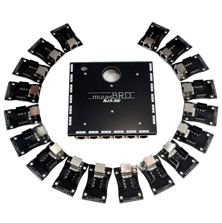 RJ3-36i RJ45 breakout board surrounded by eighteen 6-cue slats