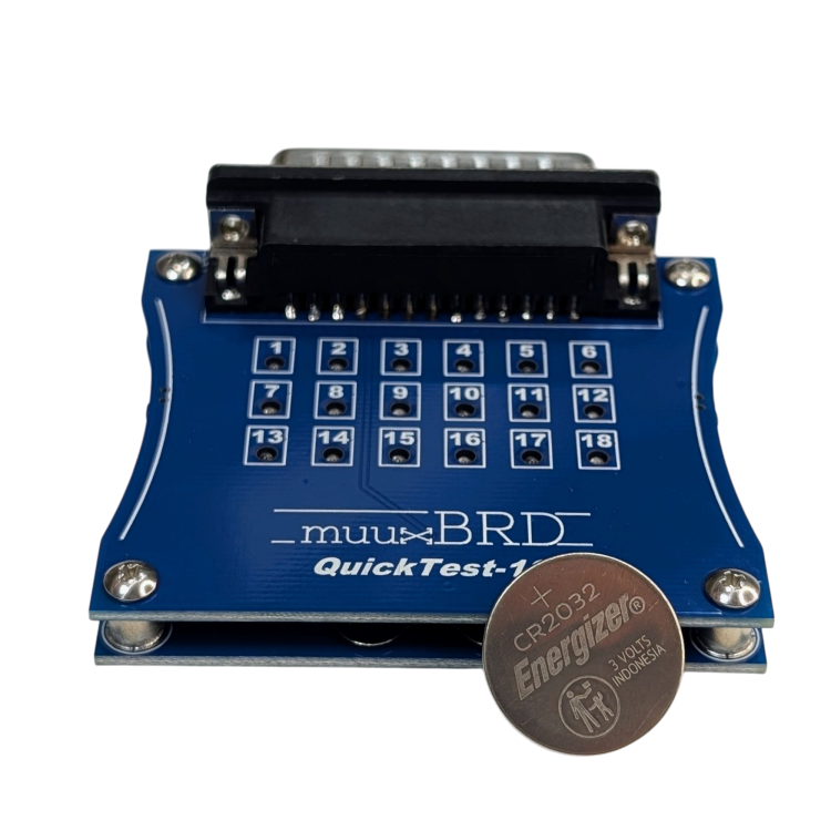 QT-18 ematch tester along side it’s CR2032 battery