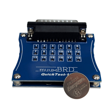 QT-18 ematch tester along side it’s CR2032 battery