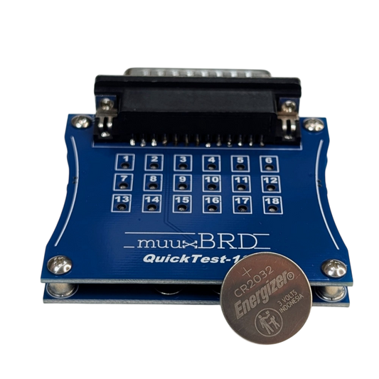 QT-18 ematch tester along side it’s CR2032 battery